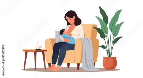 Modern vector illustration of mother breastfeeding newborn in cozy chair inside nursery in flat solid color style representing maternal care, bonding and healthy infant feeding concept