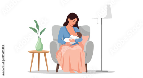 Modern vector illustration of mother breastfeeding newborn in cozy chair inside nursery in flat solid color style representing maternal care, bonding and healthy infant feeding concept