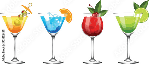 Colorful Fresh Summer Cocktail Collection in Elegant Glasses with Citrus Garnish Isolated on Transparent Background