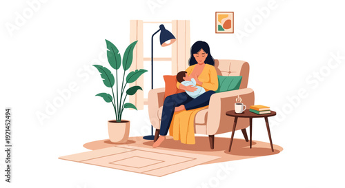 Modern vector illustration of mother breastfeeding newborn in cozy chair inside nursery in flat solid color style representing maternal care, bonding and healthy infant feeding concept