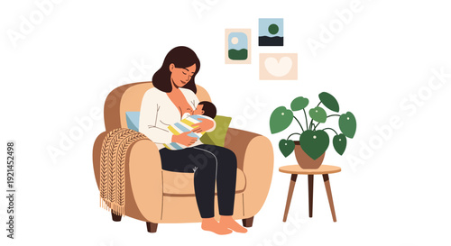 Modern vector illustration of mother breastfeeding newborn in cozy chair inside nursery in flat solid color style representing maternal care, bonding and healthy infant feeding concept