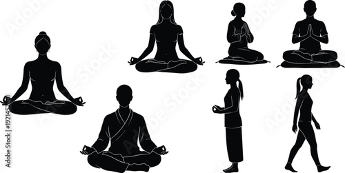 Black silhouettes of people meditating and exercising in various yoga poses meditation