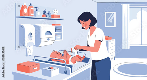 Modern vector illustration of diaper changing routine with newborn on changing table and baby care essentials in flat solid color style showing daily parenting and hygiene concept
