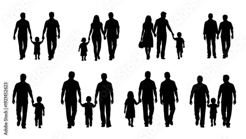 Walking Couples and Families Holding Hands Black Silhouettes Vector Set