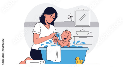 Modern vector illustration of newborn baby bath time in small tub with towel and rubber duck in flat solid color style, gentle hygiene routine and infant care concept for parenting design