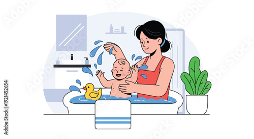 Modern vector illustration of newborn baby bath time in small tub with towel and rubber duck in flat solid color style, gentle hygiene routine and infant care concept for parenting design