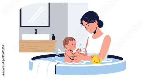 Modern vector illustration of newborn baby bath time in small tub with towel and rubber duck in flat solid color style, gentle hygiene routine and infant care concept for parenting design
