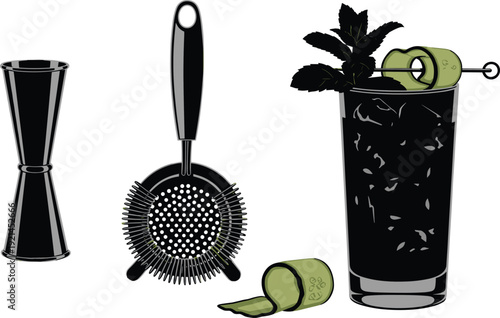Black jigger strainer and cocktail glass with lime and mint