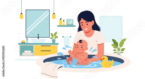 Modern vector illustration of newborn baby bath time in small tub with towel and rubber duck in flat solid color style, gentle hygiene routine and infant care concept for parenting design