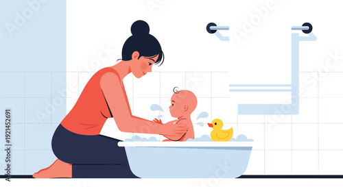 Modern vector illustration of newborn baby bath time in small tub with towel and rubber duck in flat solid color style, gentle hygiene routine and infant care concept for parenting design