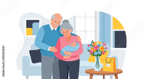 Modern vector illustration of grandparents visiting newborn and parents with gifts and smiles in flat solid color style, multigenerational family love and celebration concept