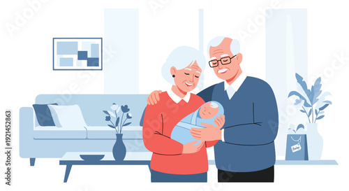 Modern vector illustration of grandparents visiting newborn and parents with gifts and smiles in flat solid color style, multigenerational family love and celebration concept