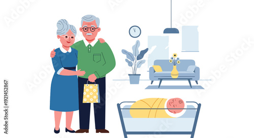 Modern vector illustration of grandparents visiting newborn and parents with gifts and smiles in flat solid color style, multigenerational family love and celebration concept