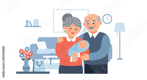 Modern vector illustration of grandparents visiting newborn and parents with gifts and smiles in flat solid color style, multigenerational family love and celebration concept
