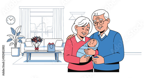 Modern vector illustration of grandparents visiting newborn and parents with gifts and smiles in flat solid color style, multigenerational family love and celebration concept