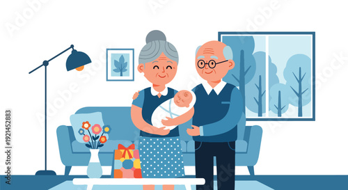 Modern vector illustration of grandparents visiting newborn and parents with gifts and smiles in flat solid color style, multigenerational family love and celebration concept