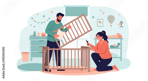 Modern vector illustration of parents preparing nursery room with crib, toys and baby clothes in flat solid color style showing nesting period and readiness for newborn arrival