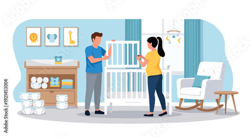 Modern vector illustration of parents preparing nursery room with crib, toys and baby clothes in flat solid color style showing nesting period and readiness for newborn arrival