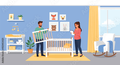 Modern vector illustration of parents preparing nursery room with crib, toys and baby clothes in flat solid color style showing nesting period and readiness for newborn arrival