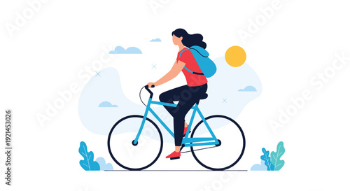 Active young woman riding a bicycle on a sunny day with a backpack while enjoying a peaceful commute through a flat outdoor landscape.