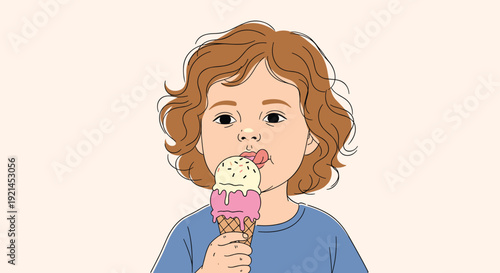Sweet little girl with curly brown hair enjoys a delicious ice cream cone with two scoops while licking the melting dessert on a plain backdrop.