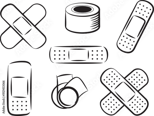 Set of medical bandages and tape for wound care and first aid, simple outline vector illustration