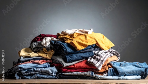 A jumbled pile of assorted clothing rests on a wooden surface against a blurred gray background