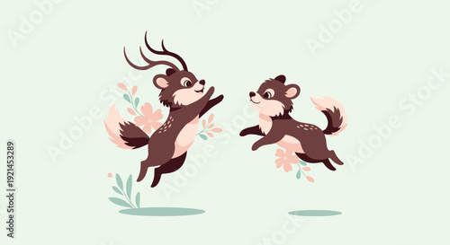 Two cute fantasy deer characters with antlers jumping and playing together in a meadow decorated with flowers and leaves.