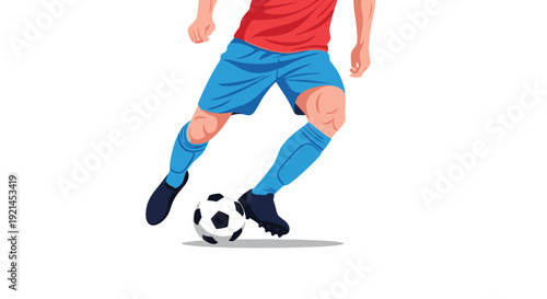 Close-up illustration of a soccer player's legs and feet dribbling a black and white ball on a plain background.