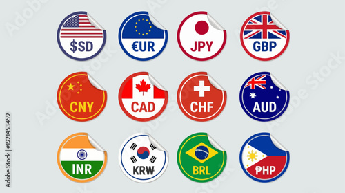 Vector Stickers of World Currencies with Flags – International Finance Icons