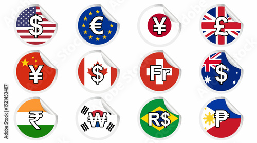 Vector Stickers of World Currencies with Flags – International Finance Icons