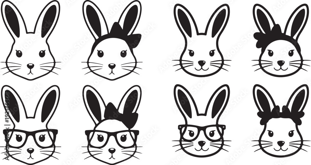 Fototapeta premium Cute bunny faces collection, diverse rabbit ears and hairstyles, playful easter characters, adorable animals