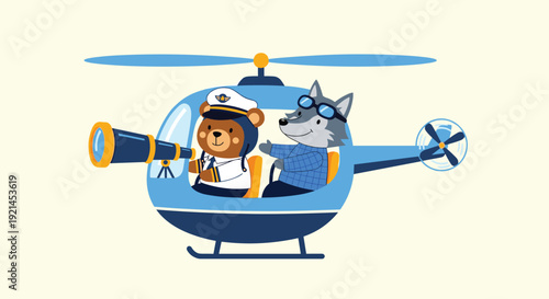 Cute bear pilot and wolf passenger flying together in a blue helicopter while exploring with a large telescope.