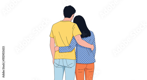Man and woman shown from behind standing close together in an affectionate embrace, wearing casual colorful clothing.