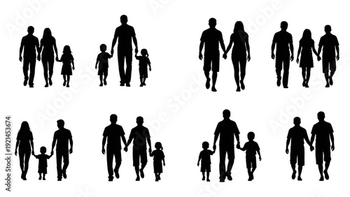 Family and Couple Walking Hand in Hand Black Silhouettes Vector Bundle