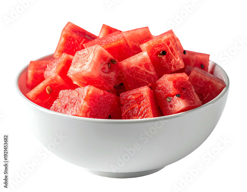 Freshly cut watermelon cubes in a white bowl ready to eat.