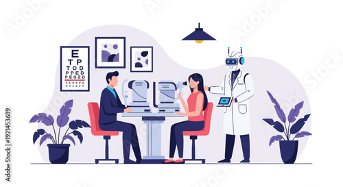 Futuristic scene showing a robot doctor using advanced medical equipment to perform an eye exam on a woman in a clinic.