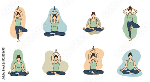 Collection of women in various yoga poses including tree pose and lotus position, set against soft colorful background shapes.