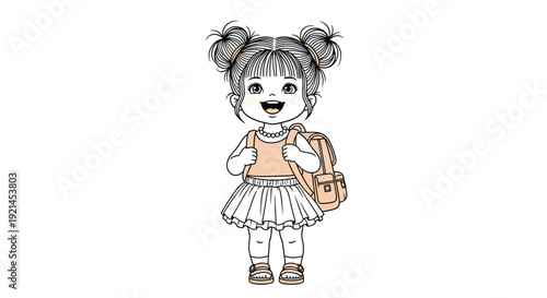 Happy little girl with pigtails wearing a school backpack and skirt, smiling cheerfully on a plain white background.