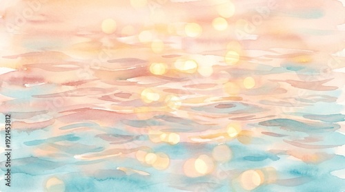 Abstract watercolor painting of shimmering water ripples with soft pastel colors and golden bokeh