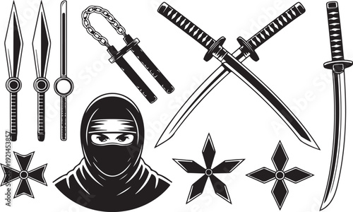 Ninja weapons and warrior mask isolated on transparent background, ancient oriental fighting tools, samurai symbols