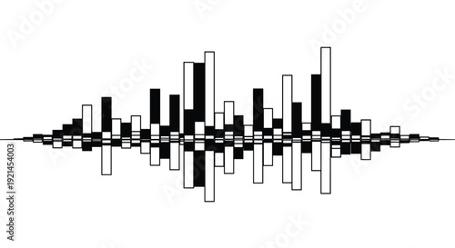 Abstract black and white representation of an audio wave spectrum or sound frequency bars mirrored across a horizontal axis.
