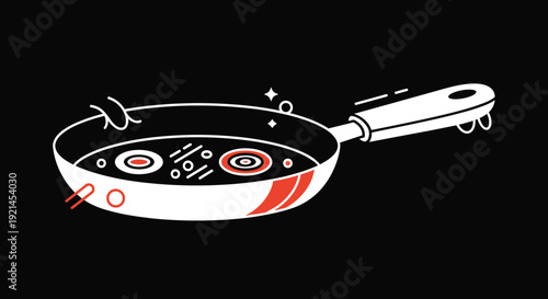 Stylized frying pan containing sliced onion rings cooking in oil, depicted in a simple red, white, and black color palette.