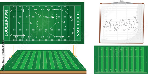 American Football Field Top View with Yard Line Markings Vector Set