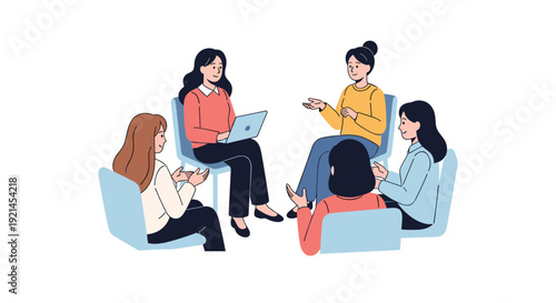 Group of five diverse women sitting in a circle on blue chairs, engaged in a collaborative discussion and sharing ideas.