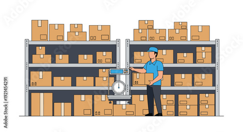 Warehouse employee in a blue uniform standing between shelves filled with cardboard boxes, using a large industrial scale.