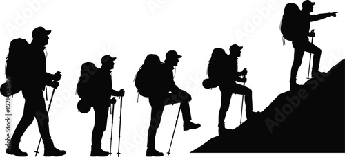 Five black silhouettes of hikers climbing a mountain with trekking poles and backpacks on white