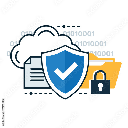 Cloud Data Security and File Protection Concept Vector Illustration.Modern flat vector illustration of cloud data security and file protection concept. Shield with check mark, secure folder, document