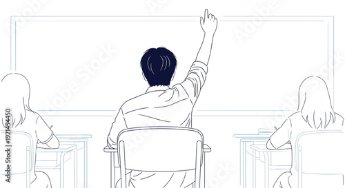 Rear view sketch of a student raising their hand in a classroom setting, surrounded by other students at desks.