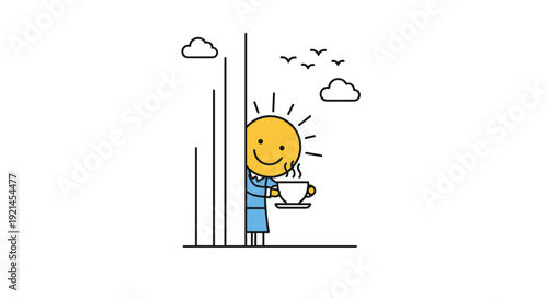 Cheerful sun character wearing a blue dress and peeking from behind a building while holding a hot cup of coffee or tea.
